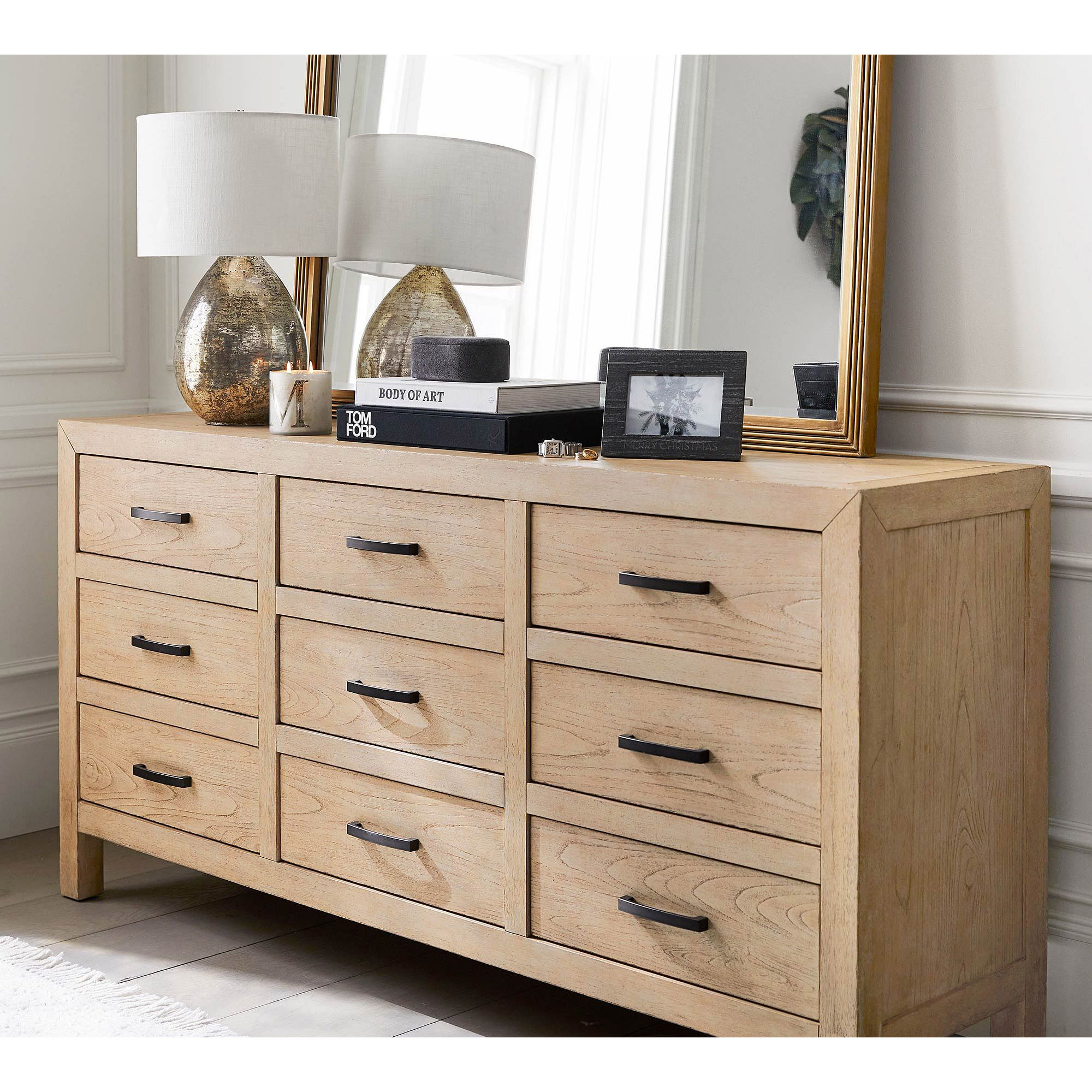 Modern Solid Wood Structure Bedroom 9-Drawer Corner Bed Side Furniture Double Wood Dresser with Metal Handle