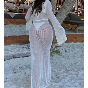 Hollow Long-sleeved Short Blouse Beach Seaside <b>Sexy</b> Strap Skirt Women's Knitted 2-piece <b>Set</b> Fashion - Product Image 6