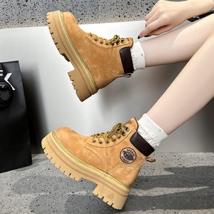 Bottes de combat vintage en daim pour femmes, bottines courtes à lacets et talon épais, chaussures d'extérieur pour l'automne et l'hiver - Product Image 5