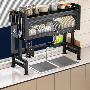 Escurridor de Platos Metálico Grande para Fregadero de Cocina, Estante de Almacenamiento de 2 Niveles, Gabinete Escurridor de Platos con Puerta Antipolvo - Product Image 5