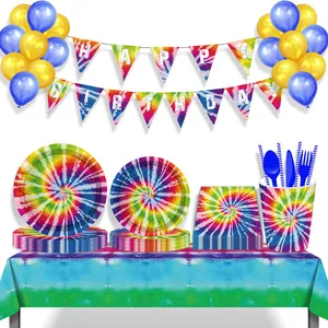 MM103 Set peralatan makan sekali pakai serbet cangkir piring kertas perlengkapan pesta tema pewarna untuk dekorasi pesta ulang tahun