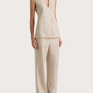 ชุดเซ็ต 2 ชิ้น แฟชั่นใหม่สำหรับผู้หญิง ผ้าลินินซาตินลายแจ็คการ์ด เสื้อแขนกุดและกางเกงขายาวทรงกว้าง ลายเรียบ สไตล์ลำลอง - Product Image 4