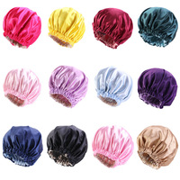 Bonnet de nuit pour femme en satin de polyester double couche, tissé, élastique, extra large, lavable, anti-chaleur, vente en gros OEM