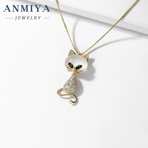 ANMIYA New Design 18k Gold Plated Cat Shape <strong>Diamond</strong> Zircon Necklace Jewelry <strong>Chain</strong> for Women <strong>Real</strong> Gold - Product Image 3