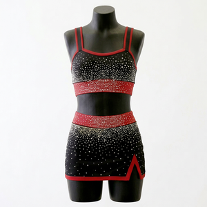 Conjunto de Uniforme de Porristas Personalizado con Pedrería, Top de Un Hombro Negro y Rosa, Falda de Spandex y Poliéster, Ropa de Competición para Adultos, Venta al Por Mayor - Product Image 3