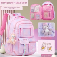 Mochila Escolar para Niñas 2026, con Abertura Tipo Refrigerador, Impermeable, Degradado Rosa, Kawaii, con Colgante de Peluche