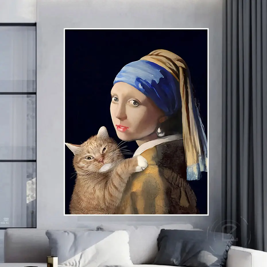 유명한 예술 그림 캔버스 Vermeer 소녀 진주 귀걸이 고양이 벽 장식