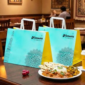 Custom Printed Logo Eco-Friendly Disposable Recyclable <b>Biodegradable</b> Kraft <b>Paper</b> Bags Flat Handles for Indian Cuisine Restaurant - Product Image 4