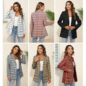 Modische Damen Karierte Jacke Frühling Herbst Langarm Revers Anzugjacke Übergröße Büro-Dame Schlanke Lässige Strickjacke Mäntel - Product Image 4