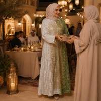 Robe longue ample et modeste à col montant imprimé de paillettes dorées pour l'Aïd et les événements sociaux formels, Abaya de luxe en polyester ODM
