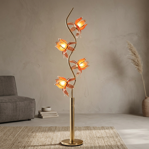 Lámpara de Pie Moderna con Diseño de Flor de Loto, 4 Cabezas de Flor, Poste Dorado en Forma de S, Pantalla de Pétalos Acrílicos, Iluminación LED Ambiental - Product Image 1