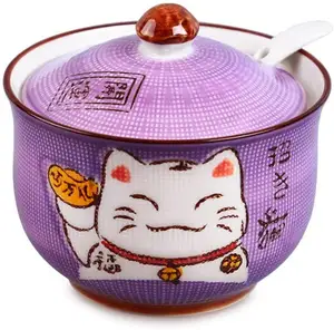 陶瓷日本 Maneki Neko 幸运猫糖盐胡椒储存罐与盖子和勺子