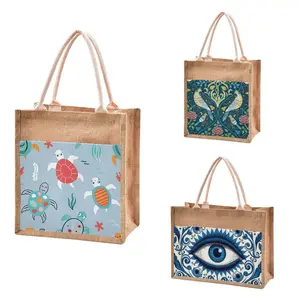 Burlap Hemp Jute Tote bags Full Print Canvas, Shoulder Shopping bags Sublimation Custom Tote Jute bags With Zipper/