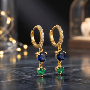 Boucles d'oreilles pendantes tendance plaquées or 18 carats avec pierres en cristal bleues et vertes et accents en strass pour femmes - Product Image 2