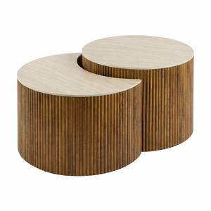 Ensemble de tables basses gigognes Japandi modernes à base cannelée avec plateau aspect travertin, élégantes et minimalistes en MDF pour salon - Product Image 5