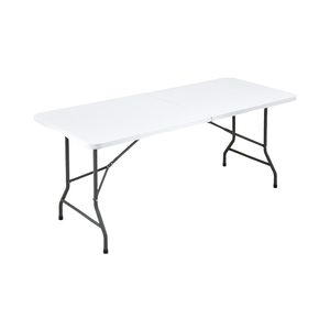 طاولة مستطيلية بلاستيكية حديثة بيضاء من البولي إيثيلين عالي الكثافة قابلة للطي للمآدب الخارجية ، مجموعة كرسي طعام قابل للطي ، لوح بنمط خشبي - Product Image 1