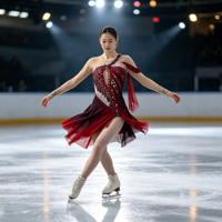 Robe de patinage artistique rouge dégradé avec strass étincelants et maille à manches longues pour enfants et adultes, idéale pour la compétition et les spectacles