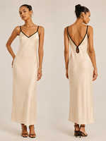 Vestido Midi de Satén Crema con Ribete en Contraste Negro y Cuello en V, Nueva Colección Verano 2026, Gran Venta en EE. UU. y Australia