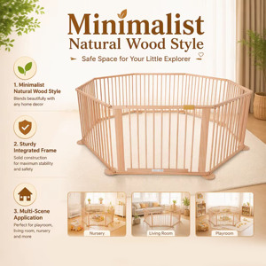 Parc de jeu pliable Montessori en bois naturel, peinture non toxique, barrière de sécurité multifonctionnelle pour bébés, forme réglable pour tout-petits - Product Image 4