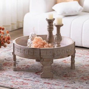 Tavolino da Caffè Rotondo in Legno Massello Intagliato a Mano - <span class=keywords><strong>Tavolo</strong></span> d'Appoggio in Stile Marocchino Vintage con Intricate Decorazioni Floreali per Soggiorno - Product Image 3