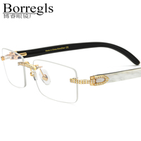 Lunettes Borregls en corne de buffle pour hommes, montures de créateur de luxe carrées, lunettes optiques pour femmes avec diamants 10015