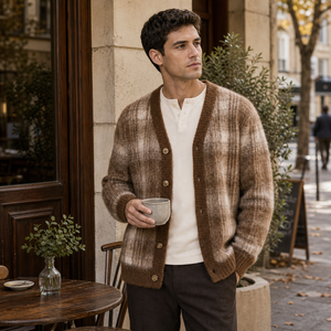 <span class=keywords><strong>Cardigan</strong></span> da Uomo Personalizzato con Motivo Sfumato a Quadri, Maglione Morbido a Collo a V, Stile Cityboy, OEM per Marchi di Moda - Product Image 3