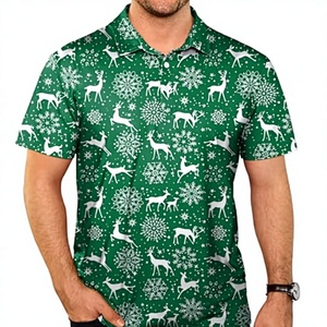 Chemise de golf de Noël fantaisie anti-plis pour homme Mainfini, imprimé numérique vert, motif renne, flocon de neige, élan, 95% tricoté - Product Image 3