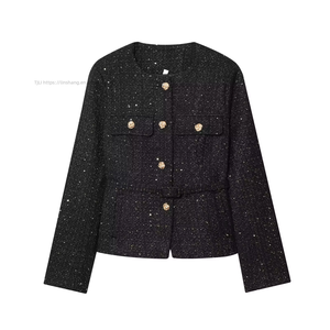 Fall Women's Clothing - Metallic Buckle, Coarse Wool, <b>Sequined</b> Trim, Round Neck, Long Sleeve, Short Fashion - Product Image 4