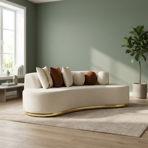 Sofá Moderno Tapizado en Tela Bouclé Curvada, Relleno de Espuma, Color Crema, Dos Plazas, Base Dorada, para Sala de Estar, Hotel, Banquete - Product Image 2