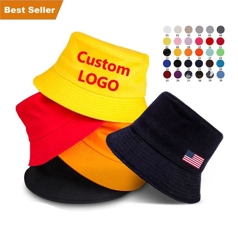 Venta al por mayor de diseño personalizado sombrero de cubo Logo bordado impreso Reversible cubo gorras hombres mujeres señoras 100% poliéster algodón