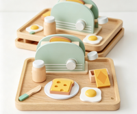 Set Mainan Pemanggang Roti Kayu untuk Anak-Anak, Mainan Simulasi Sarapan, Pembuat Roti, Permainan Peran, Mainan Makanan Dapur