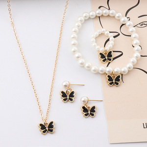 Butterfly Jewelry <b>Set</b> Imitation Pearl Gold Plated Necklace Earrings <b>Bracelet</b> Women's Party Fashion Accessories - Product Image 1