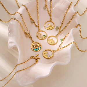 Collier <span class=keywords><strong>de</strong></span> mode d'<span class=keywords><strong>été</strong></span> en acier inoxydable plaqué or avec pendentifs breloques émail coloré signes du zodiaque astrologiques pour femmes - Product Image 1