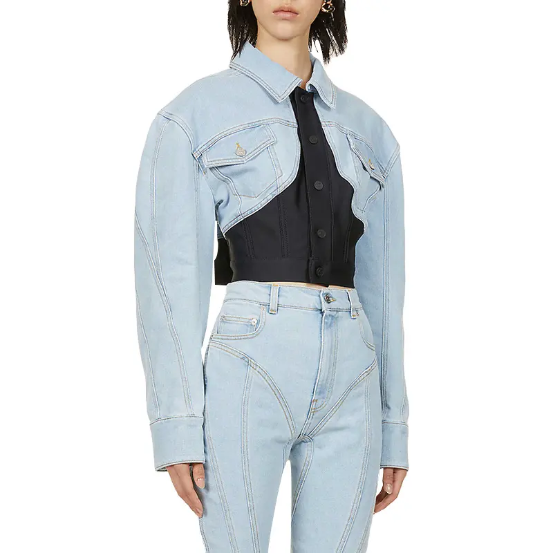 TWOTWINSTYLE Casual Patchwork Denim Hit Color Slim Lapel Long Sleeve Women Jacket Outerwear