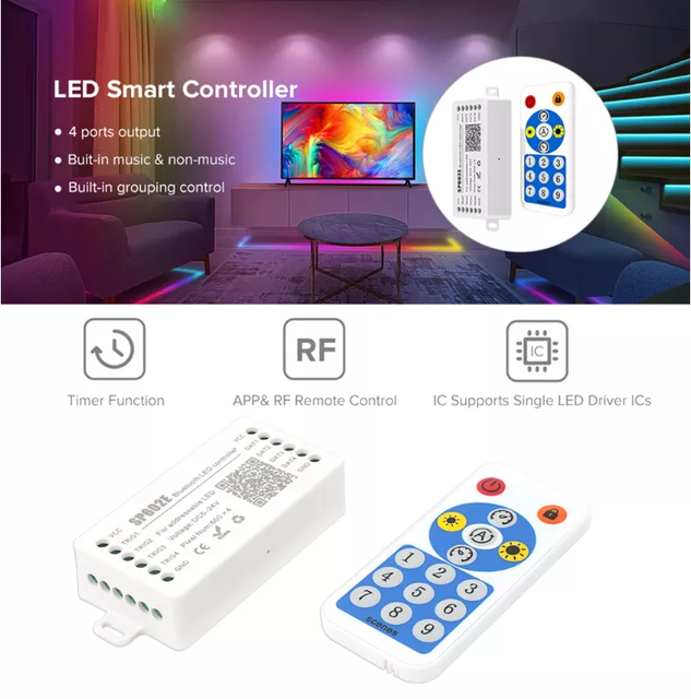 SP602E BT Pixel RF 16Keys Remote Controller DC5-24V 4 Chancels Phone Control RGB Pixel Led Controller