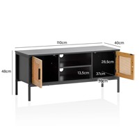Table TV 55 pouces en noir et chêne meuble TV support TV Table d'appoint Console avec porte en rotin PE et étagères de rangement