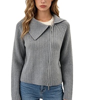 Cardigan zippé en maille côtelée pour femme, col à revers irrégulier, manteau pull ample décontracté, vêtement d'extérieur automne-hiver pour femme