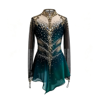 Robe de patinage artistique vert foncé à col montant et manches longues, ornée de strass et de mailles, pour la compétition et les spectacles des adultes et des enfants