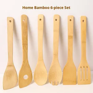 Lot de 6 ustensiles de cuisine en bambou antidérapants : spatule, cuillère, pelle, spatule carrée à long manche – Fournitures de cuisine en gros - Product Image 4