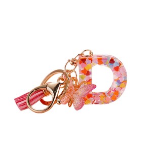 Porte-clés en résine avec breloque papillon et pompon, alphabet coloré, accessoire de sac, bijoux DIY pour étudiants - Product Image 5