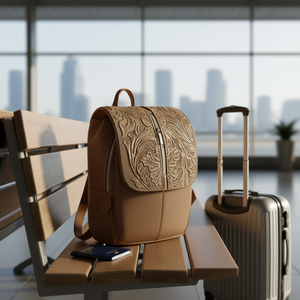 Mochila Fana Letizia Avellana de Cuero Grabado con Diseño Floral, 5L, Bolsa de Viaje Unisex con Correa Ajustable y Cierre de Cremallera - Product Image 2