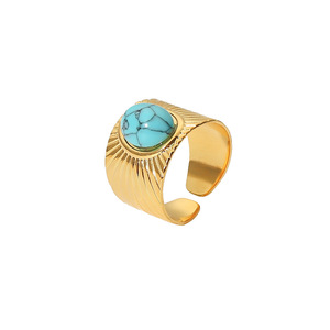 Turquoise Ribbed Wide Facet <b>Open</b> <b>Ring</b> 18K Gold Plated Geometric Design Unisex Jewelry Party Accessory - Product Image 5