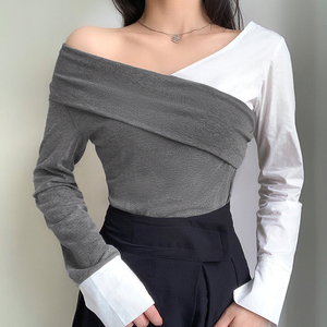 Seksi kırpma üst uzun kollu 2 ton renk kadın egzersiz t shirt ledis tişörtlü üstleri toplu sipariş düz t gömlek toplu - Product Image 5
