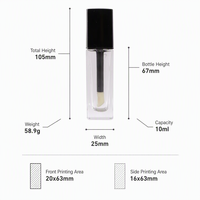 Flacon de brillant à lèvres en verre carré de 10 ml à fond épais, transparent givré, avec bouchon applicateur, emballage cosmétique personnalisé avec logo