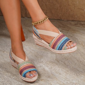 Sandalias de cuña para mujer con punta abierta, parte superior de paja, suela gruesa, transpirables, estilo sin cordones con tira trasera para verano - Product Image 1