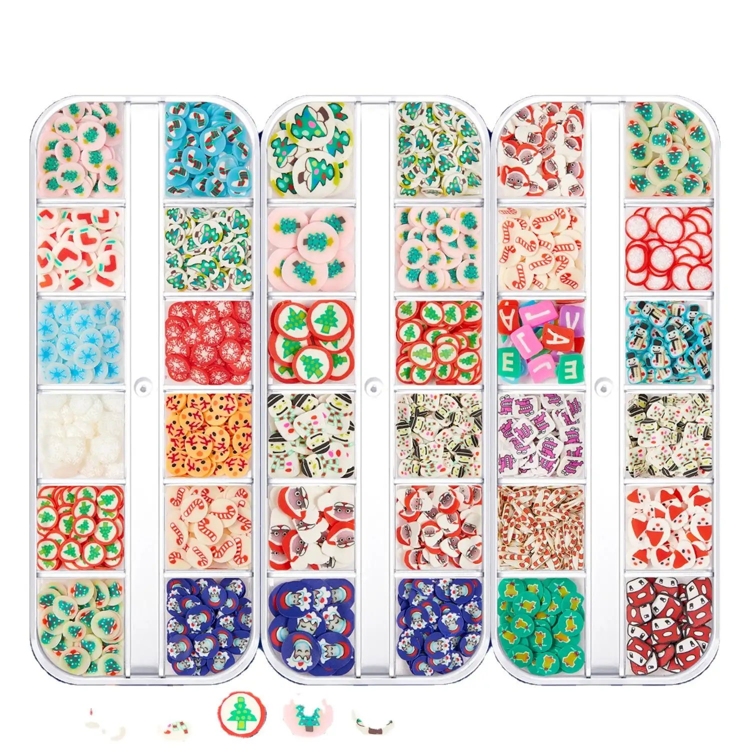 Nuovi ciondoli natalizi per Nail Art fettine di argilla polimerica 12 griglie/scatola colorata 3D accessori per Nail Art adesivi per le vacanze decorazione