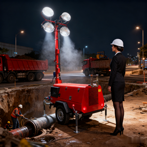 Tour d'éclairage solaire diesel montée sur remorque avec indice de protection IP65 et autonomie de 22 heures pour l'éclairage des chantiers de construction - Product Image 1