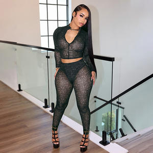 PEEQI D25ST495 Completo Autunnale da <span class=keywords><strong>Donna</strong></span> in Rete Stampata con Top a Maniche Lunghe con Zip e Pantaloni Aderenti, Set Due Pezzi Casual - Product Image 3