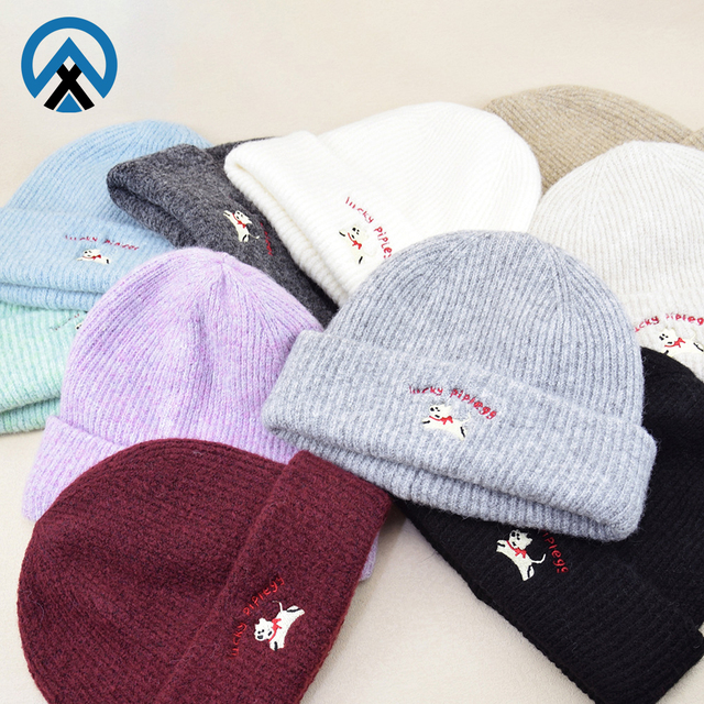 Cute Puppy Embroidery Knit Beanie Hat Women Soft Warm Ribbed Cuffed Winter Skullcap Unisex Cartoon Animal Knitted Cap