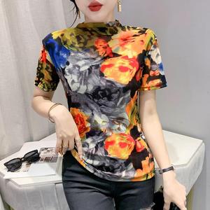 T-shirt Estiva da <span class=keywords><strong>Donna</strong></span> a Mezza Collo Alto, Stampata, Slim Fit, Elasticizzata, in Rete, a Maniche Corte - Product Image 1